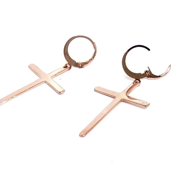 Rose Gold PVD Leverback Earrings Cross Dangle Surgical Steel Hypoallergenic - Picture 3 of 3